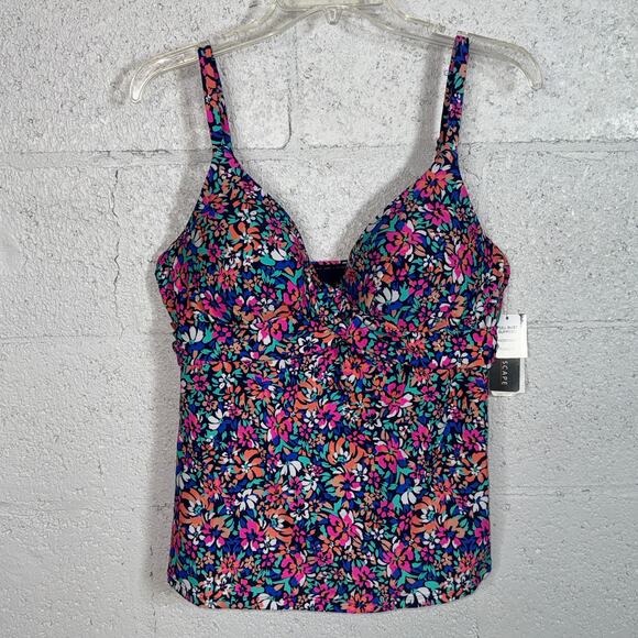 Island Escape Women's Gemini Printed Push-up Tankini Top, Navy multi, 14 - Picture 1 of 11